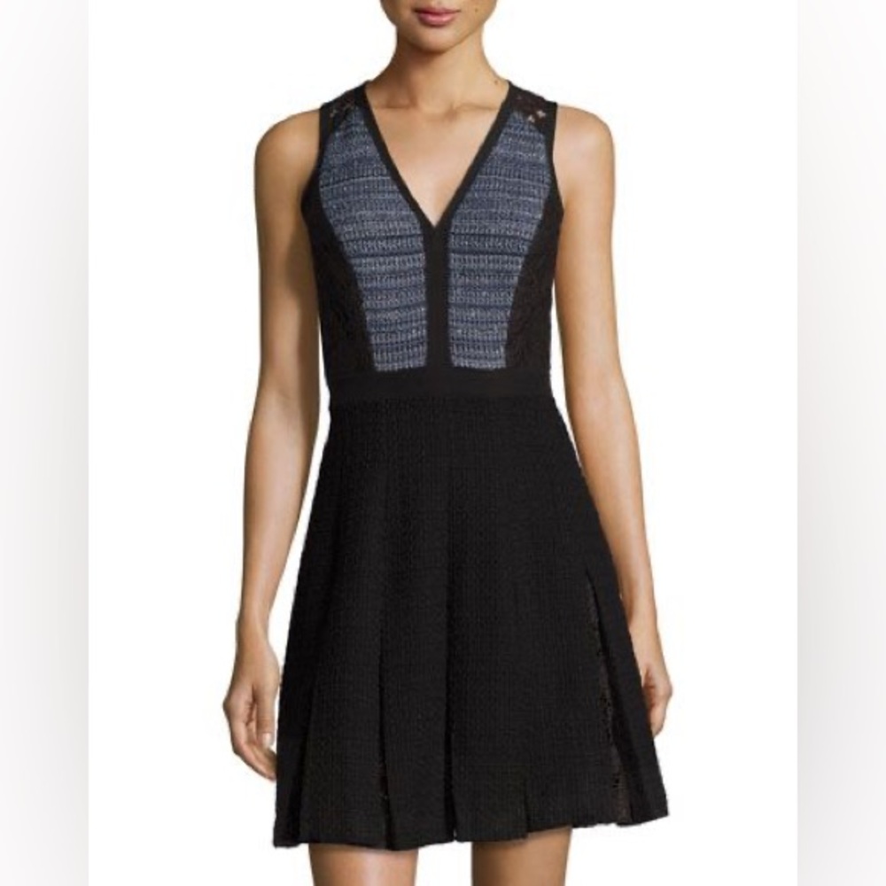 Rebecca Taylor Blue/Black Fit and Flare Tweed/Lace Dress